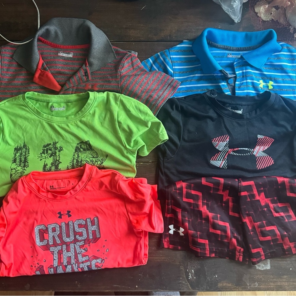 (5) Under Armour shirts (1) UA shorts youth size6